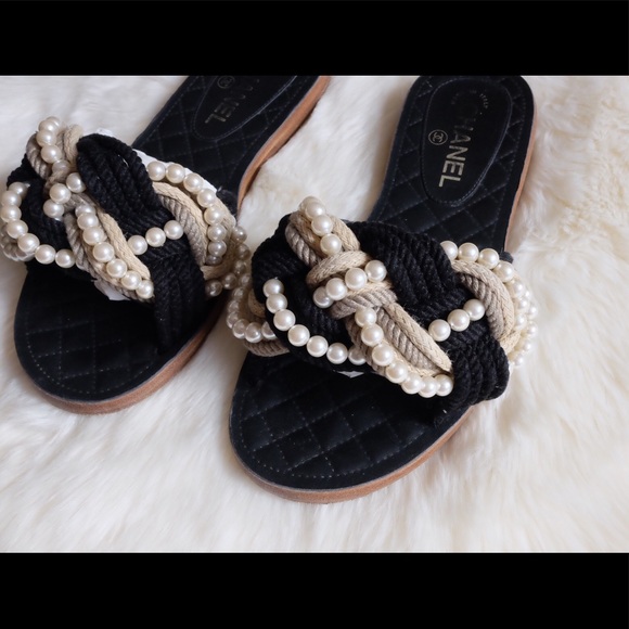 Chanel Black Cruise Pearl Cord CC Mules 38/7-7.5 - Picture 3 of 8